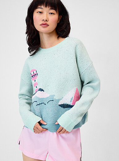 Twik Assorted Plush seaside landscape sweater for women