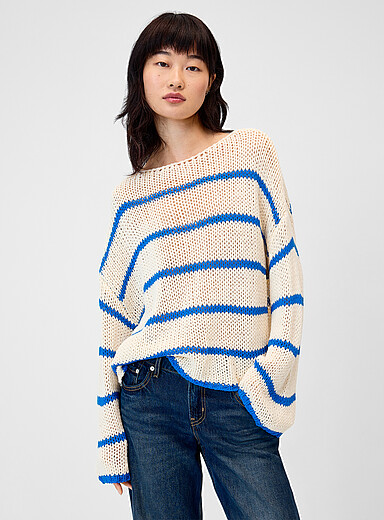 Twik Patterned White Striped openwork knit sweater for women