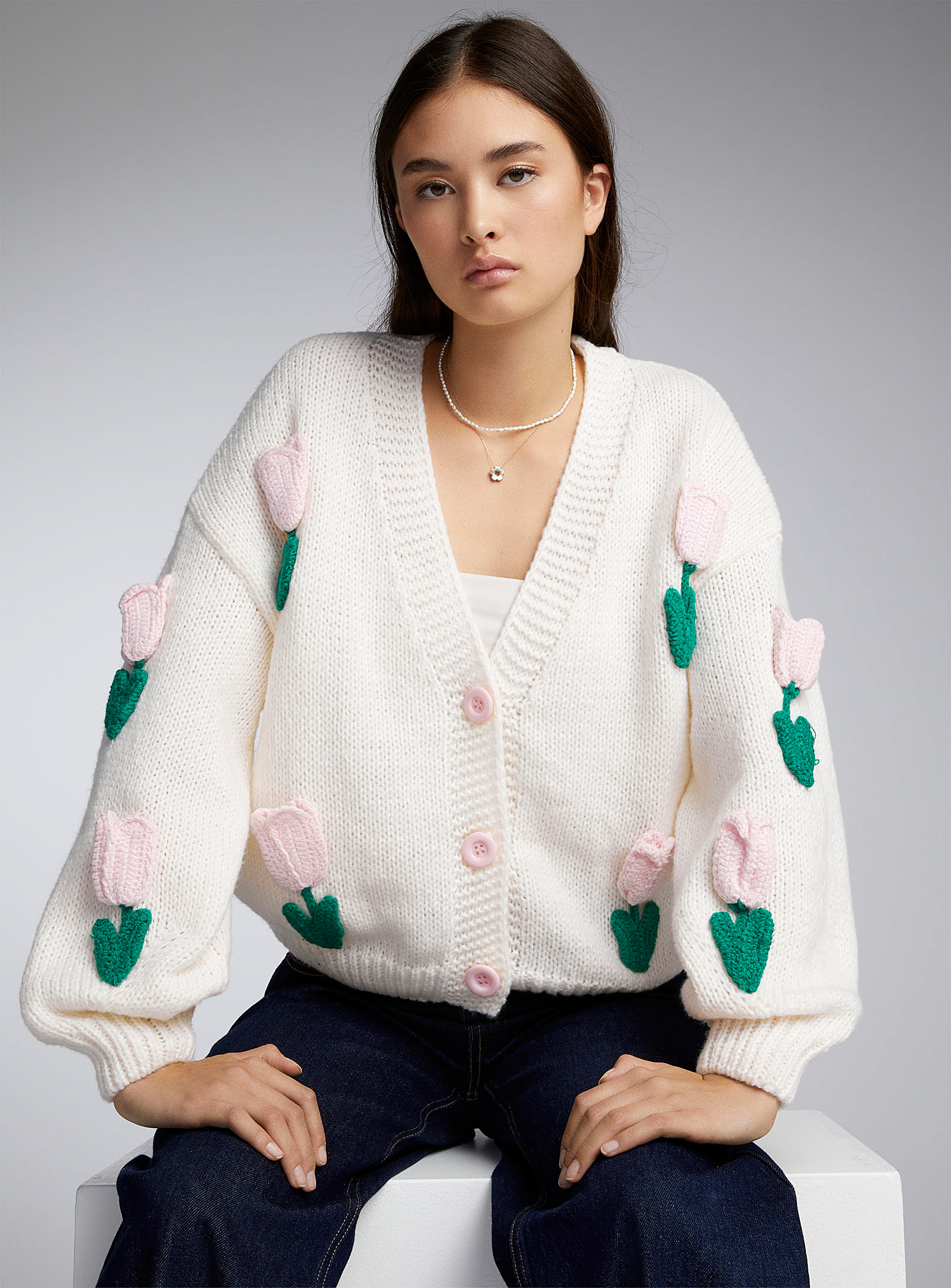 Twik Pink Tulips Cardigan In Patterned White