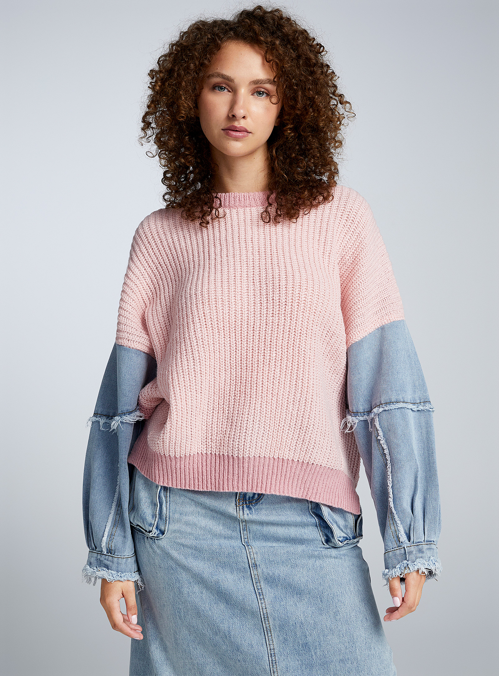 Twik - Women's Denim sleeves two-tone knit sweater