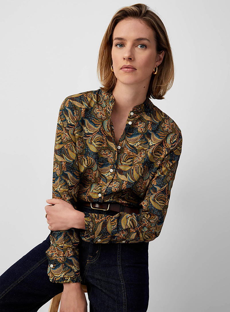Contemporaine Patterned Green Blooming ruffled shirt Made with Liberty Fabric for women