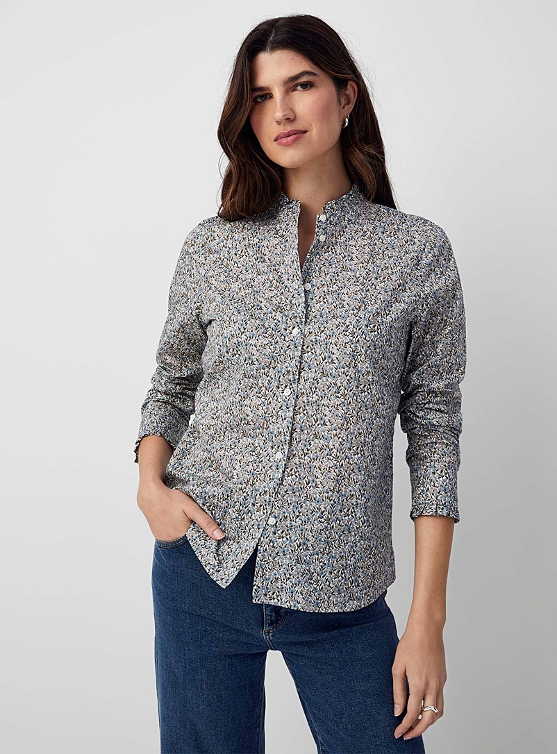 Contemporaine Patterned Blue Blooming ruffled shirt Made with Liberty Fabric for women