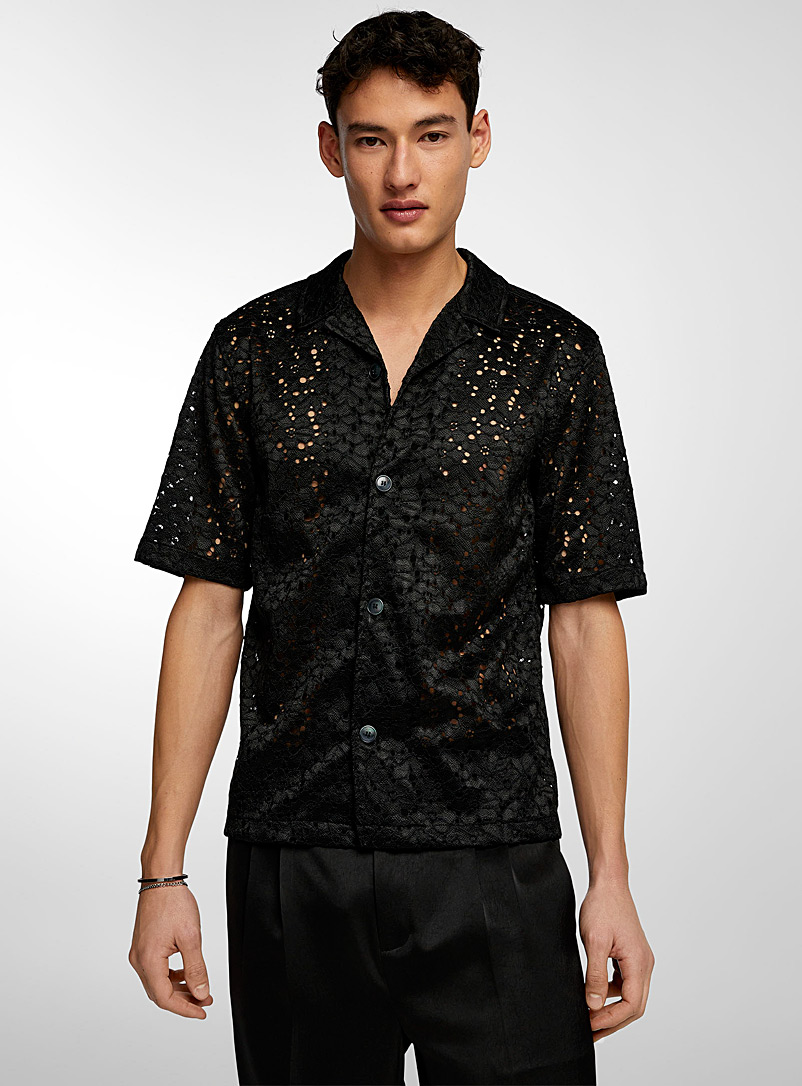 Le 31 Black Floral lace camp shirt for men