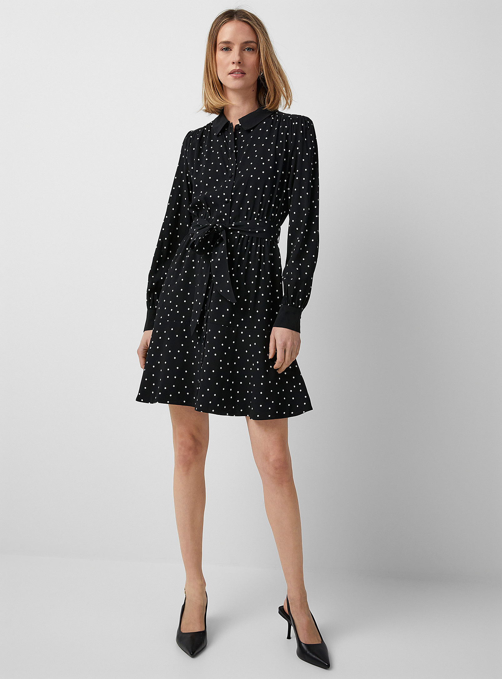 Contemporaine Polka Dot Belted Flowy Dress In Black And White