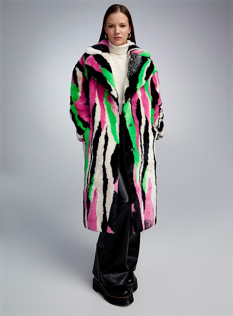 Jakke Patterned Ecru Long multicolored stripe faux fur coat for women