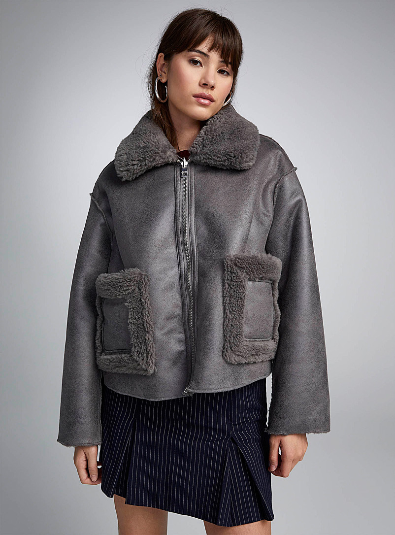 Jakke Dark Grey Sherpa shearling reversible jacket for women