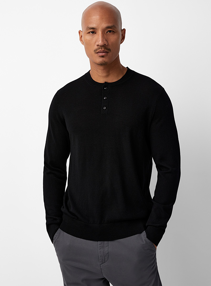 Le 31 Black Responsible merino wool Henley sweater for men