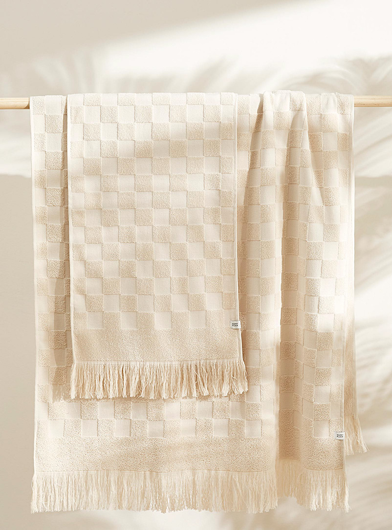 Happy Place Cream Beige Textured checkerboard pattern organic cotton towels