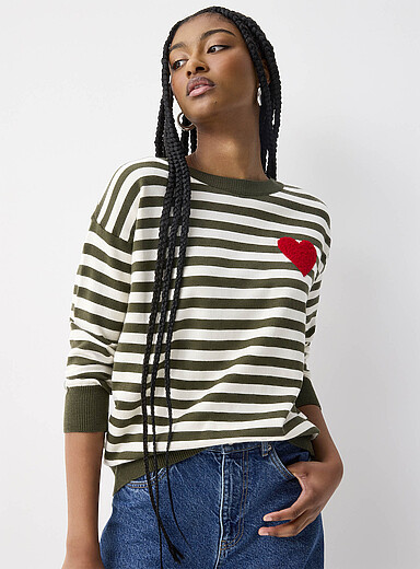 Fleece heart striped sweater