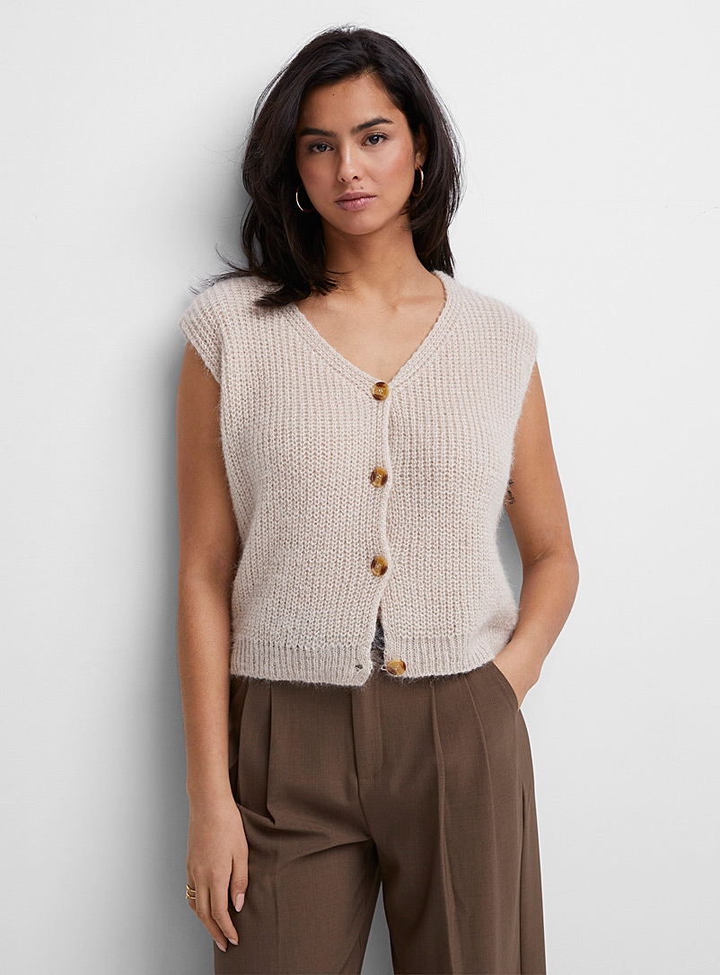 Icône Ivory/Cream Beige Marbled buttons lustrous sweater vest for women