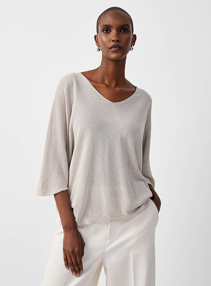 Pull Femme Manches Chauve-souris - Tunique Lâche, Col V, Motif Ajouré - Automne/Hiver