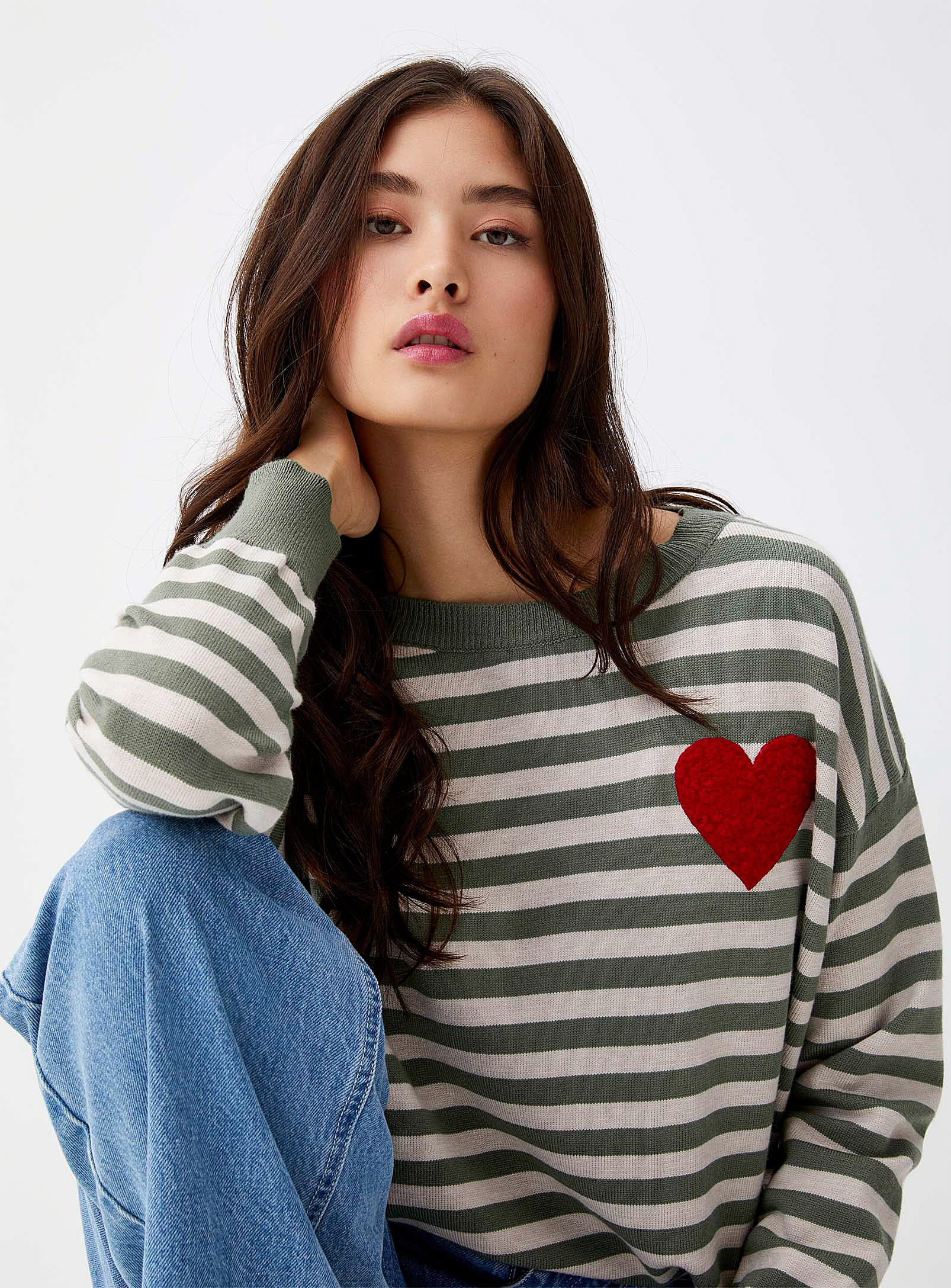 Twik Fleece Heart Striped Sweater In Green