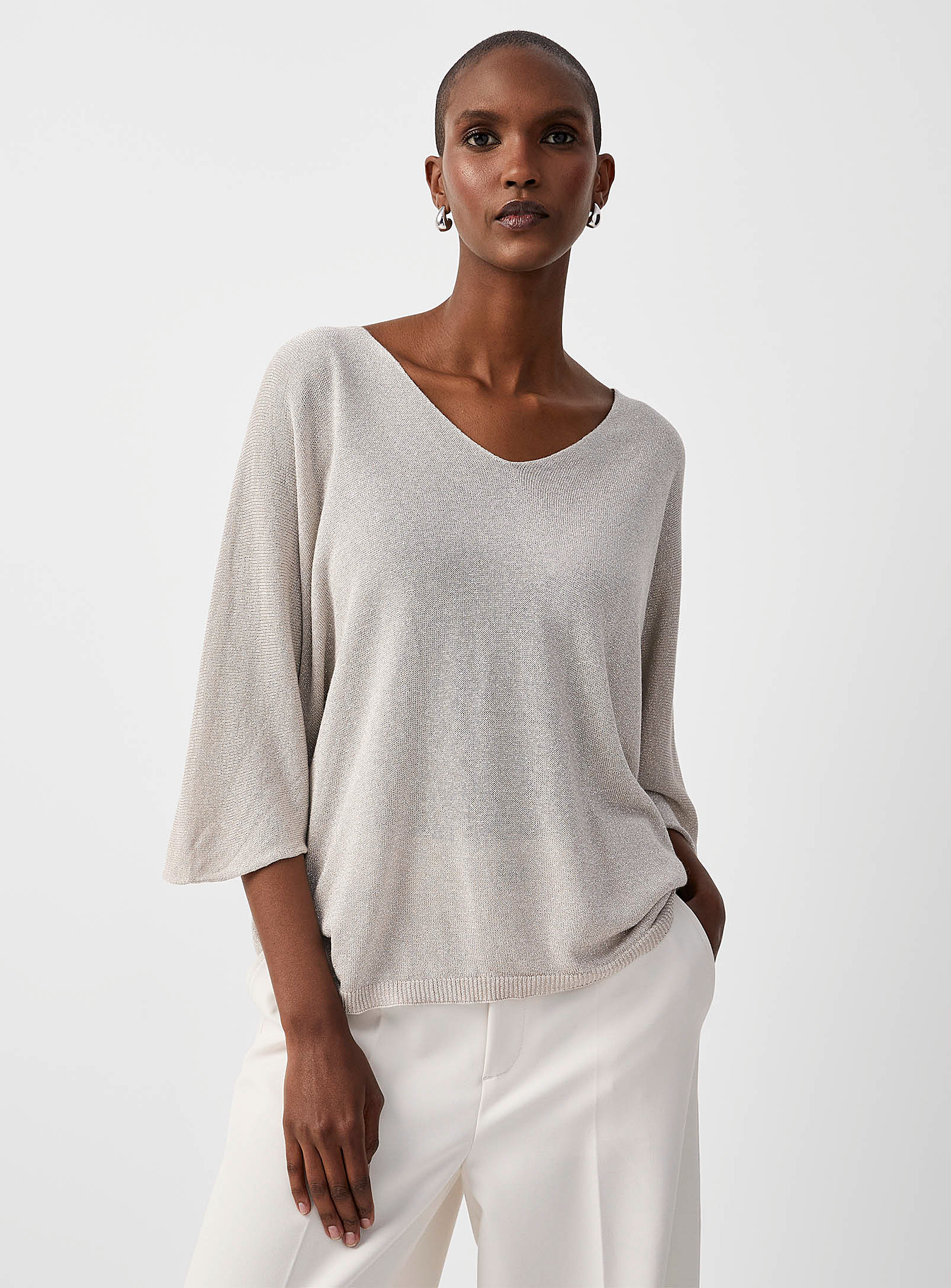 Contemporaine Batwing-sleeve Glittering Sweater In White