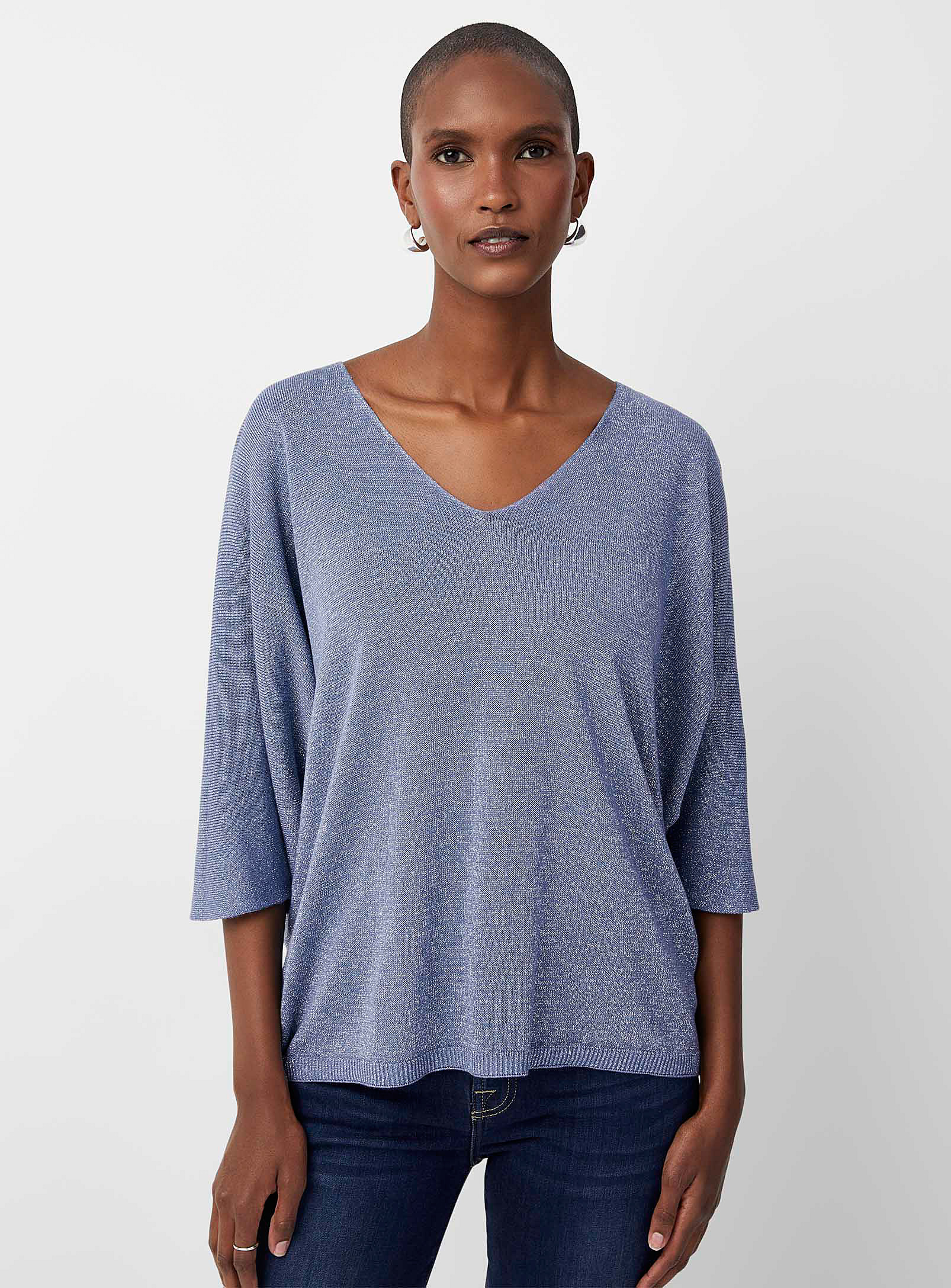 Contemporaine Batwing-sleeve Glittering Sweater In Indigo/dark Blue