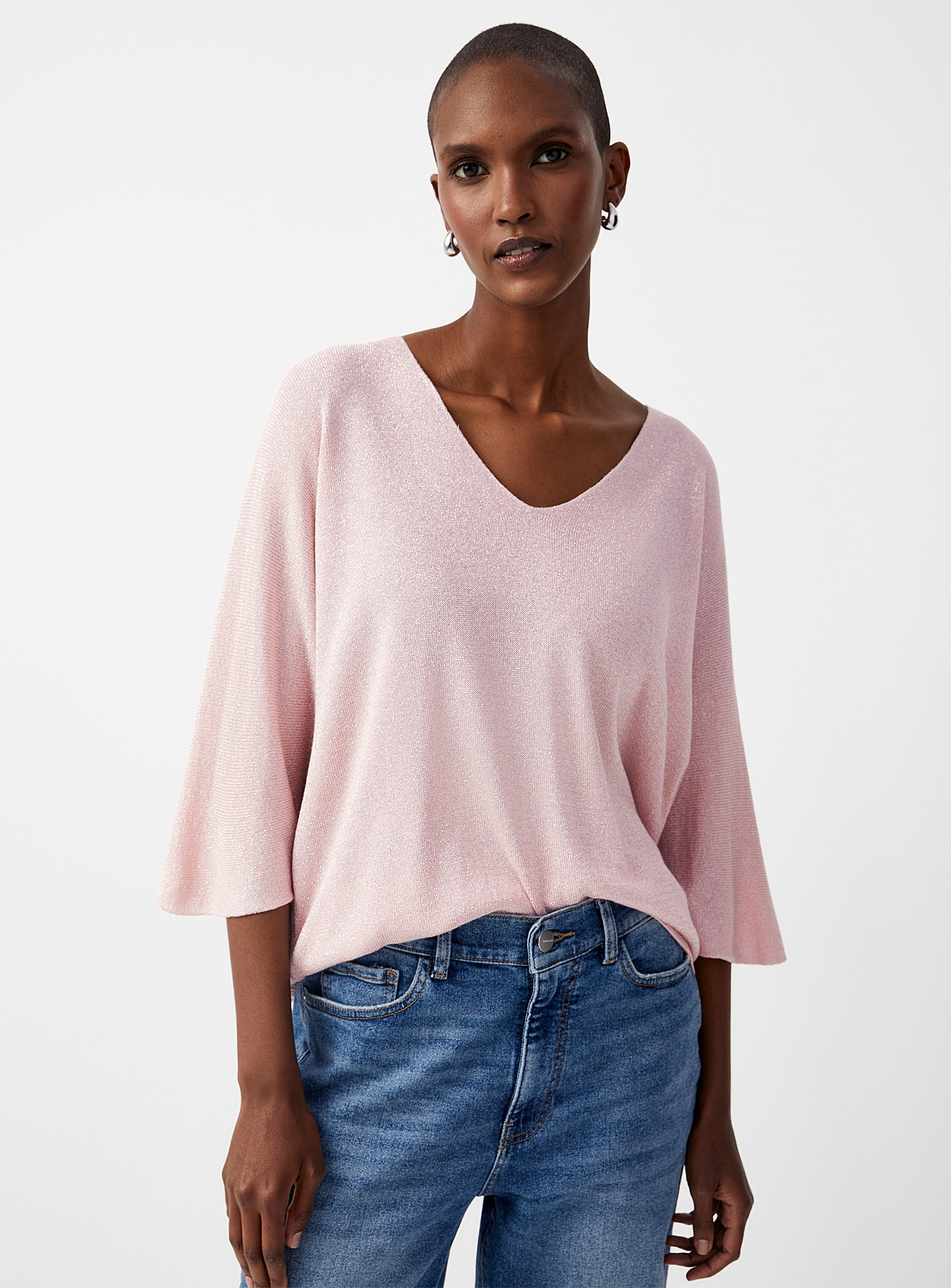 Contemporaine Batwing-sleeve Glittering Sweater In Pink