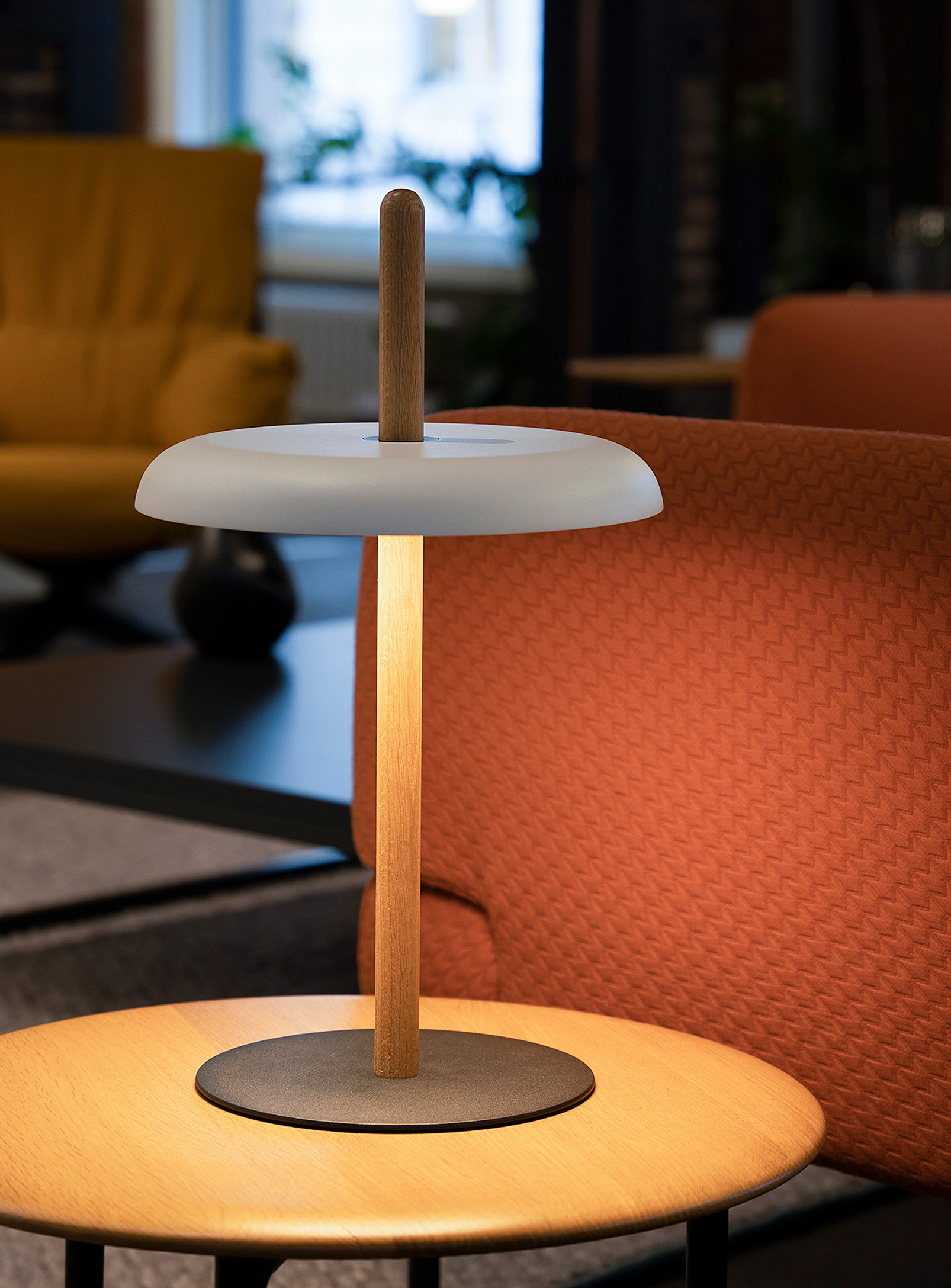 Pablo Designs Nivél Table Lamp With Solid Oak Pole In White