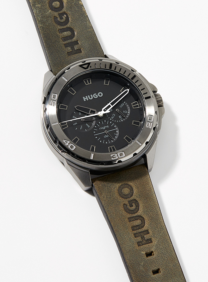 HUGO: La montre bracelet cuir aspect vintage Vert pour homme