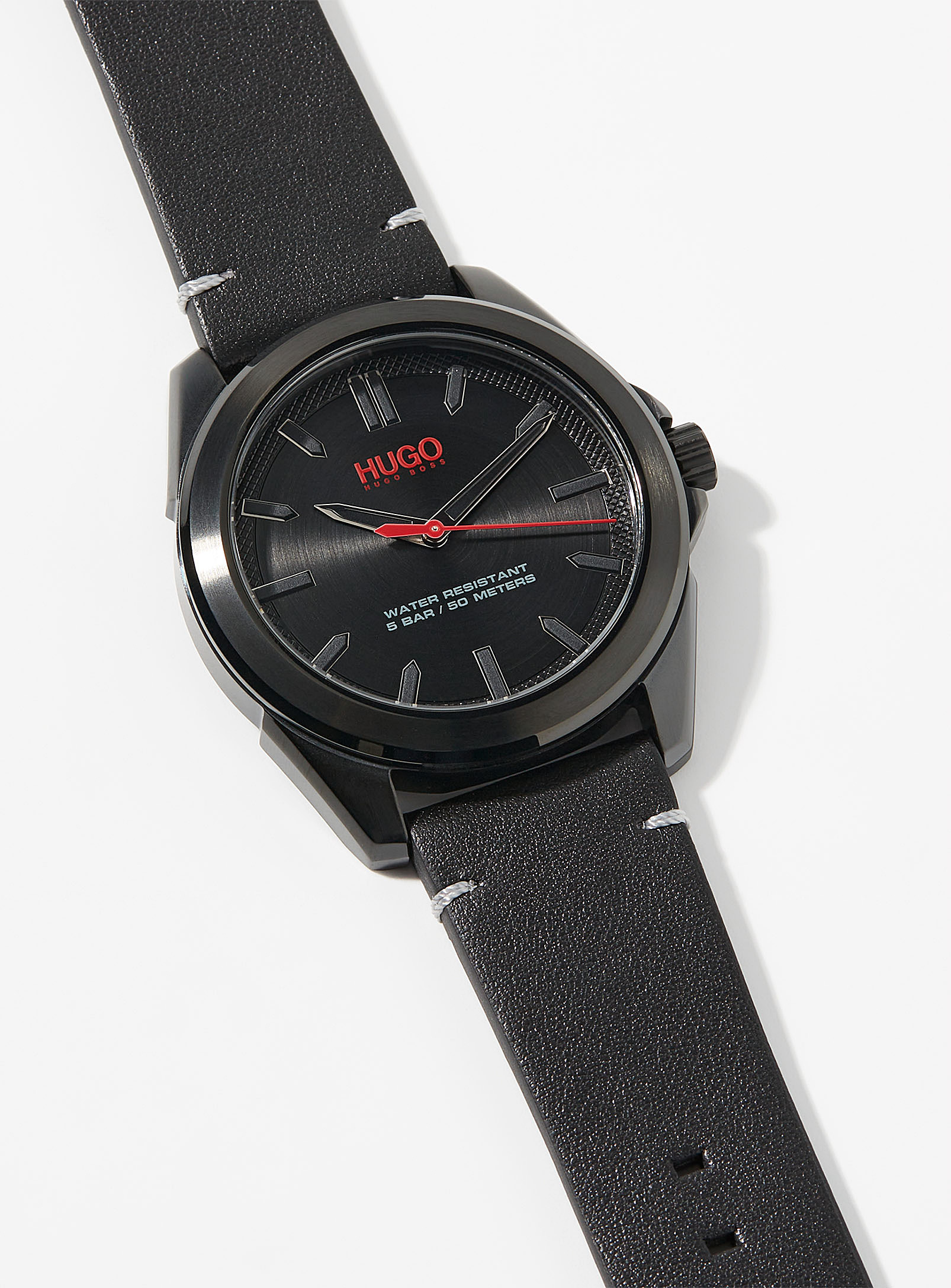 Hugo Adventure Leather Band Watch In Black