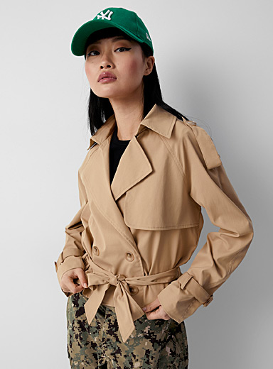Twik Cream Beige Cropped double-breasted trench coat for women
