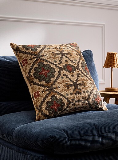 Simons Maison: Le coussin d&eacute;houssable mosa&iuml;que jute et coton 50 x 50 cm &Eacute;cru &agrave; motifs