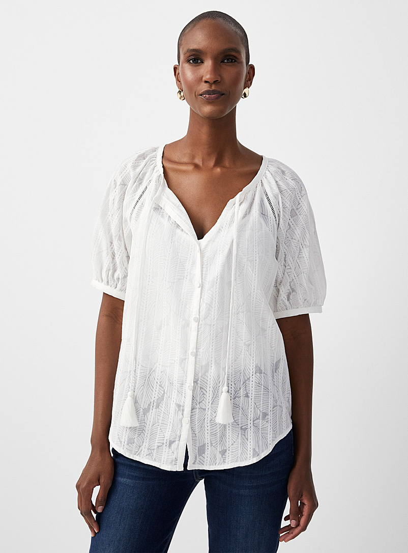 Contemporaine White Tasseled sheer foliage blouse for women