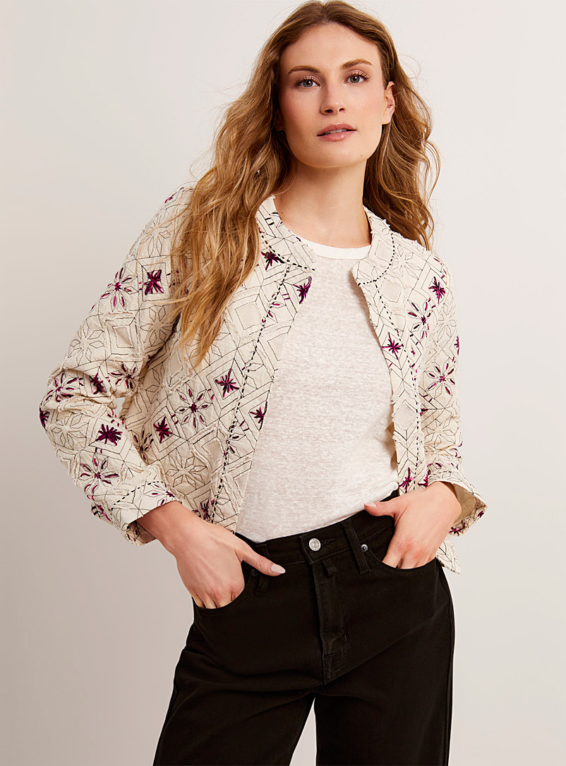 Contemporaine Patterned White Magenta stars quilted jacket for women
