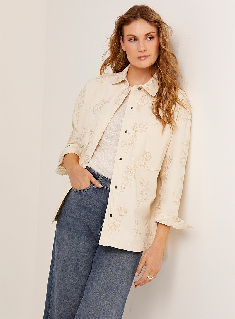 Contemporaine Patterned White Tone-on tone embroidery overshirt for women
