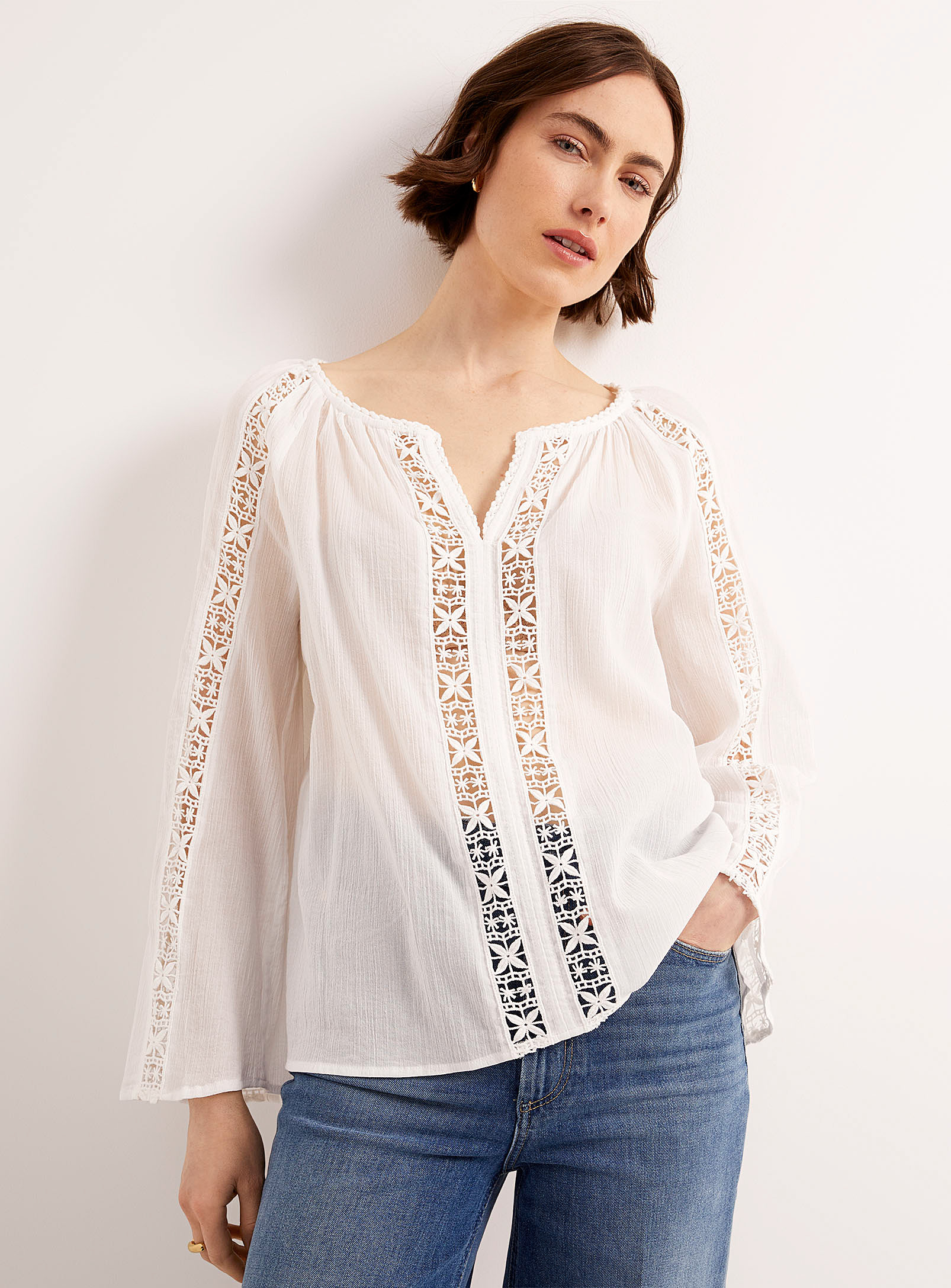 Contemporaine - Women's Crocheted ribbons sheer blouse