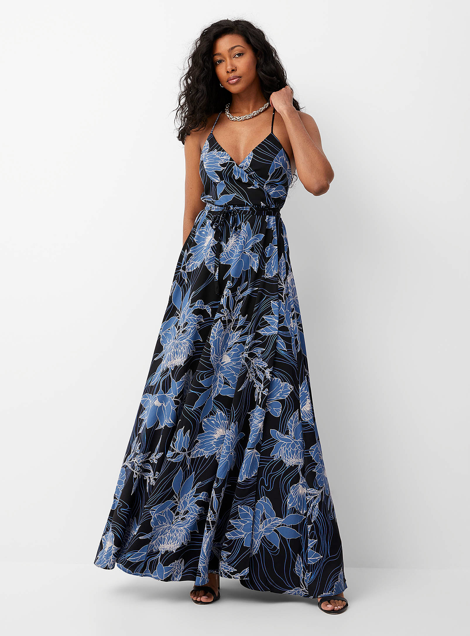 Contemporaine Blue Paradise Maxi Wraparound Dress In Patterned Blue