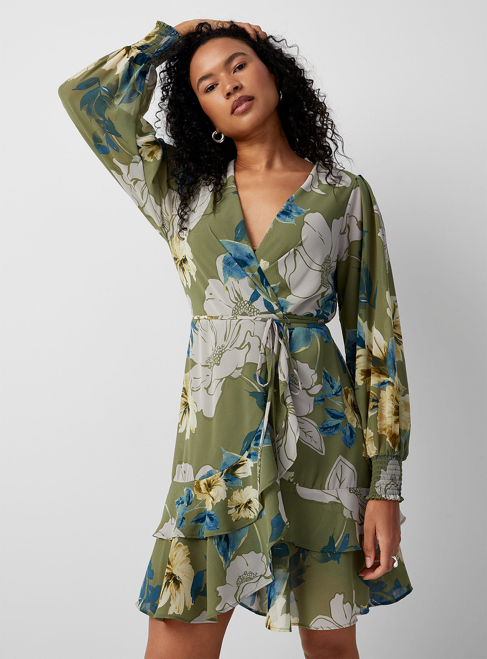 Contemporaine Ruffled Luxurious Wraparound Dress In Patterned Green