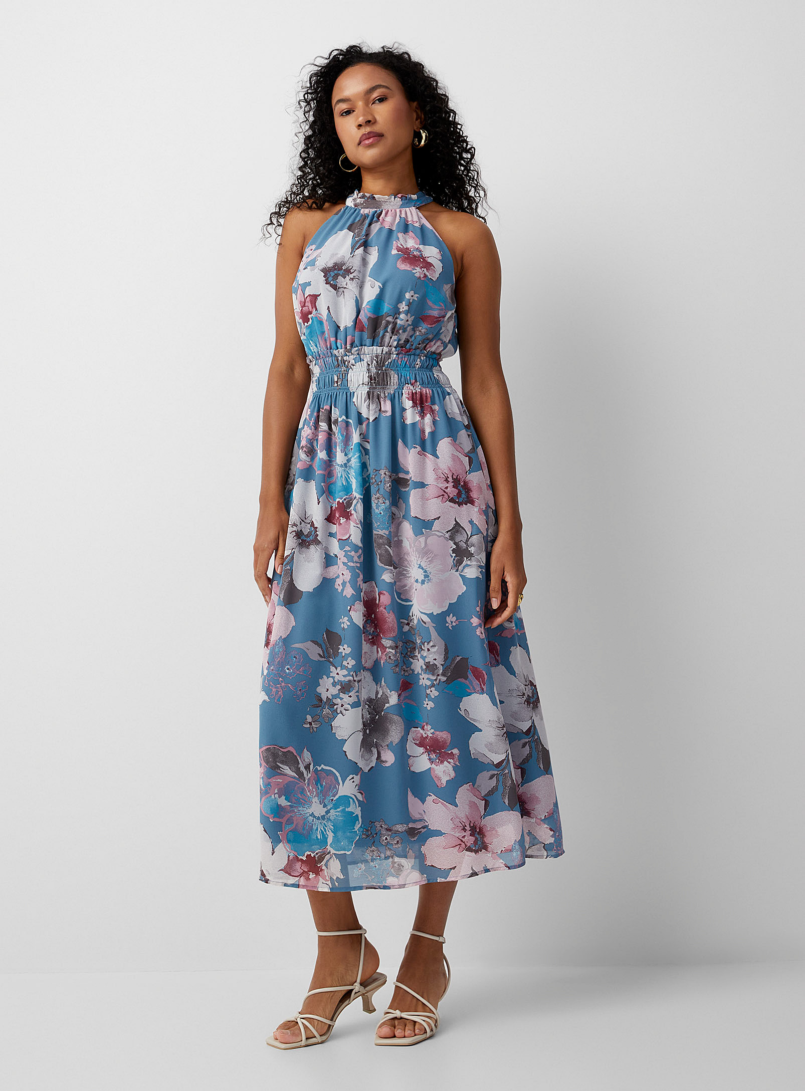 Contemporaine Gathered Waist Country Flowers Dress In Patterned Blue