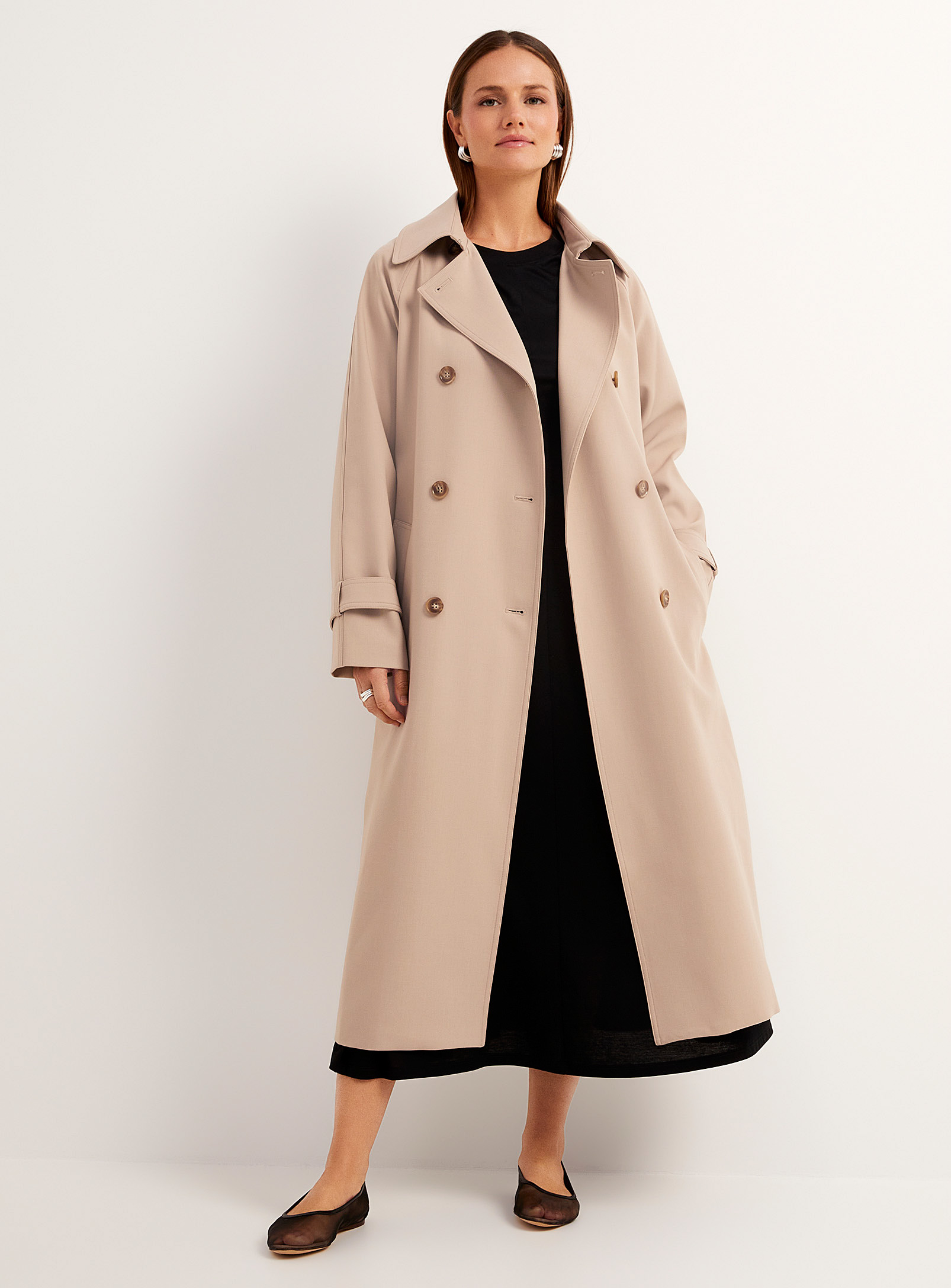 Rue Sophie Zahra Marble Button Long Trench Coat In Sand