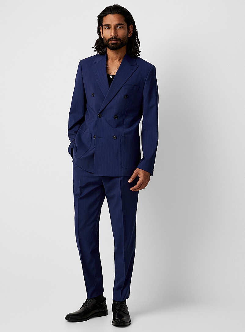 Le 31 Navy/Midnight Blue Double-breasted striped Marzotto wool suit London fit - Semi-slim for men