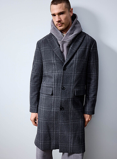 Le 31 Patterned Grey Wool blend windowpane check overcoat for men