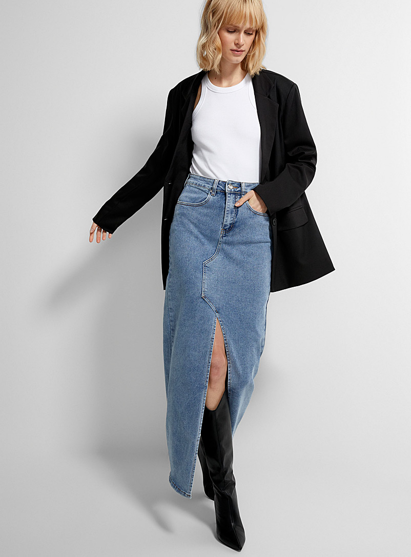 Icône Blue Centre slit long denim skirt for women