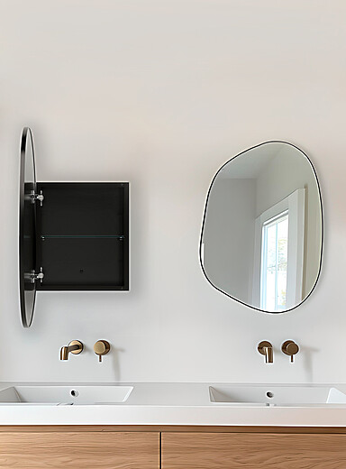Black metal and mirror glass curvy medicine cabinet