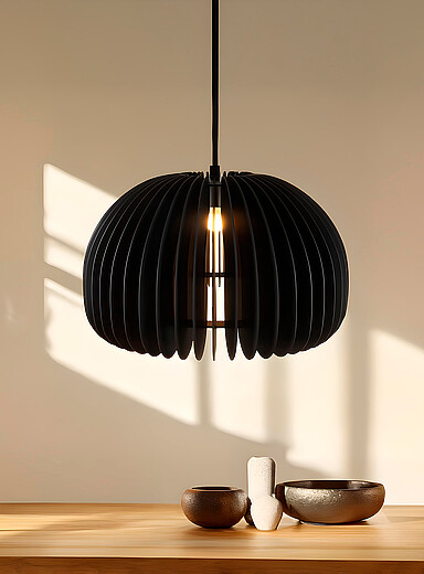 Wooden slat rounded hanging lamp