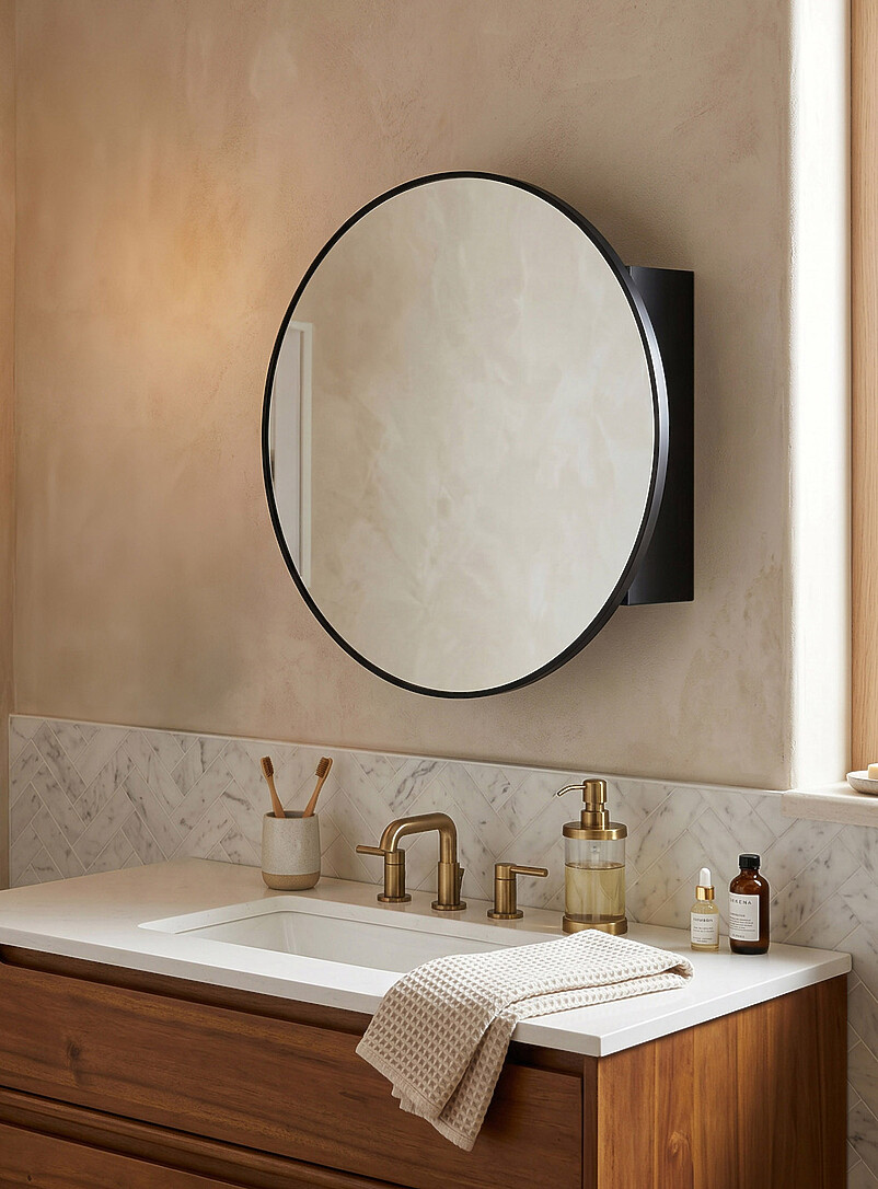 Black metal and mirror glass round medicine cabinet product image (primary)