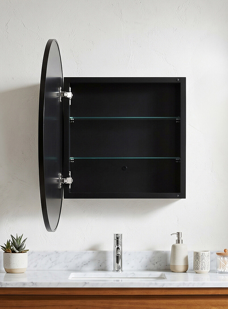 Black metal and mirror glass round medicine cabinet product image 2