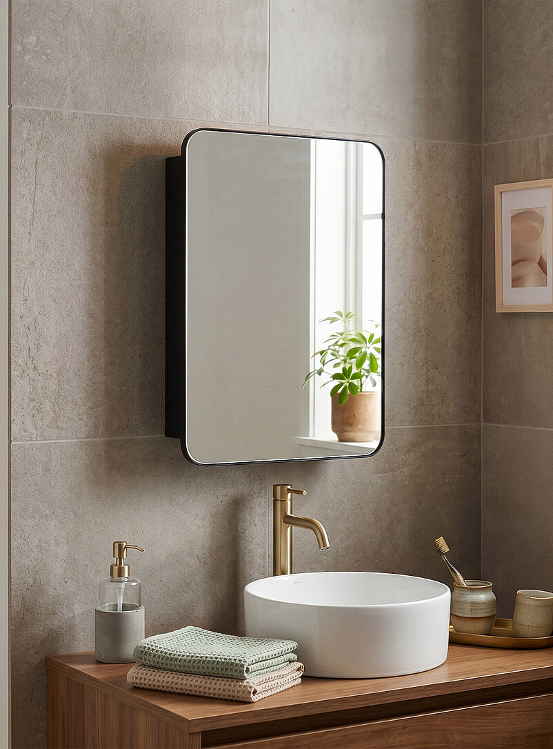 Black metal and mirror glass rounded corners medicine cabinet product image (primary)
