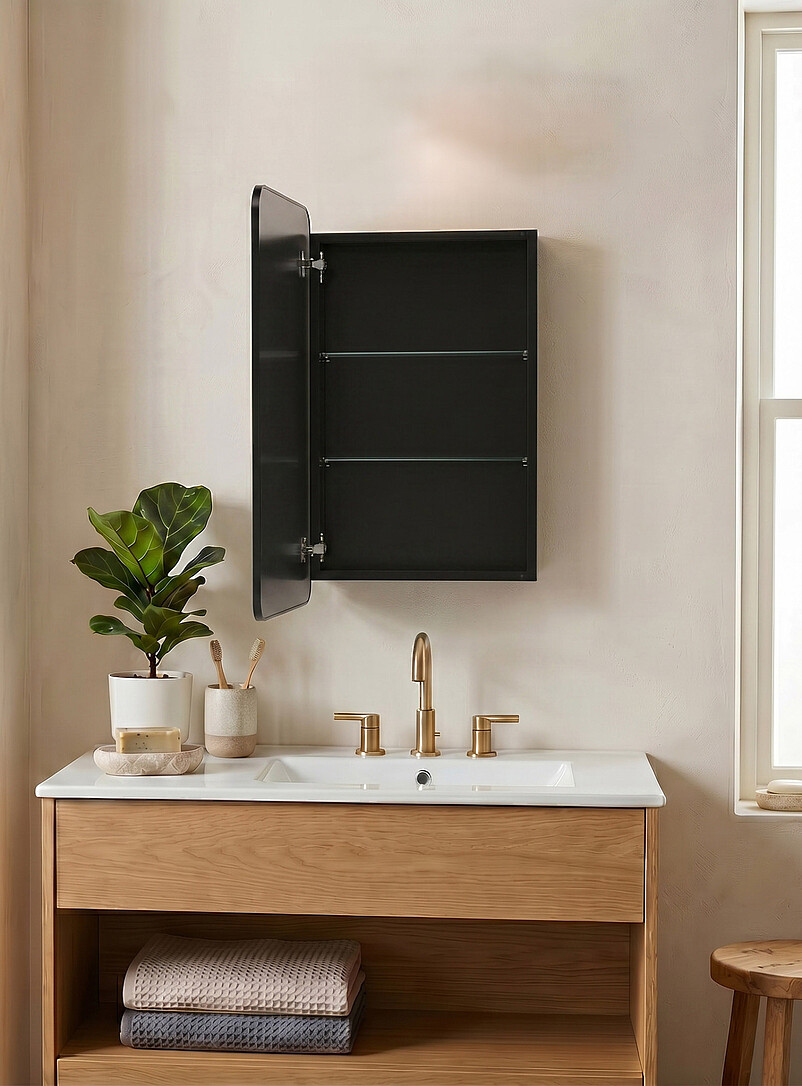Black metal and mirror glass rounded corners medicine cabinet product image 2