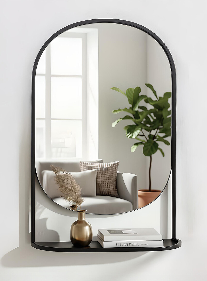 Black metal arched mirror with shelf product image (primary)