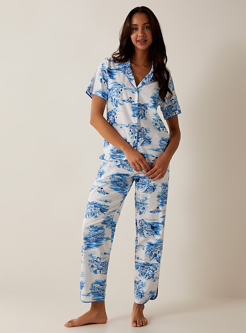 Cyberjammies Patterned white Santorin blue-and-white lounge pant for women