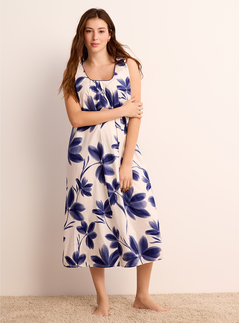 Navy Blue Flowers Pleated Bust Long Nightgown