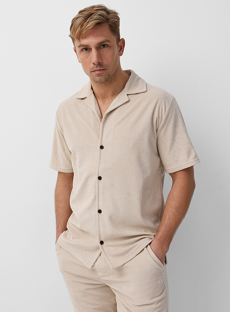 Lindbergh Light Brown Open-collar terry shirt for men