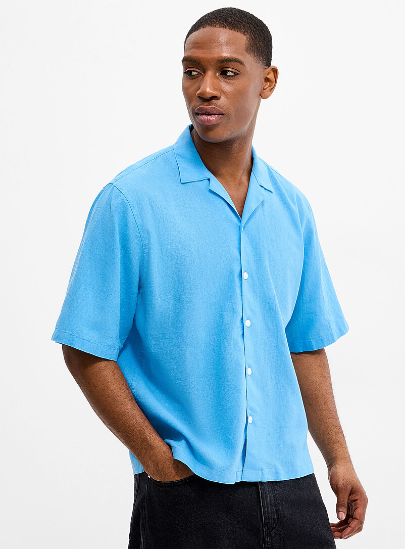 Lindbergh: La chemise col ouvert lin et coton <b>Coupe relaxe</b> Bleu marine - Bleu nuit pour homme