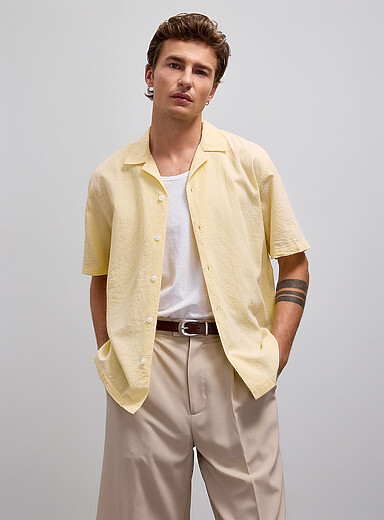 Lindbergh Light Yellow Linen-cotton camp shirt <b>Relaxed fit</b> for men