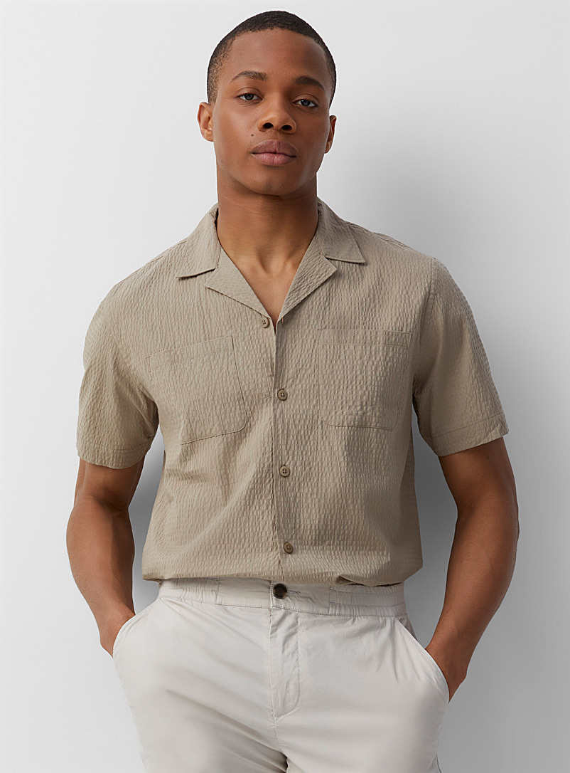 Lindbergh Light Brown Seersucker camp shirt for men
