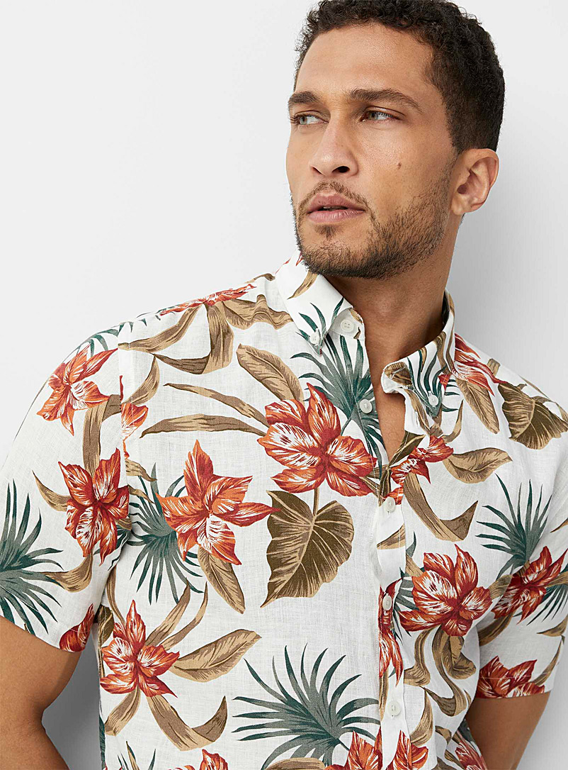 Lindbergh Patterned beige Tropical flora pure linen shirt for men