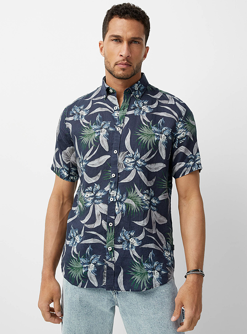 Lindbergh Patterned blue Tropical flora pure linen shirt for men